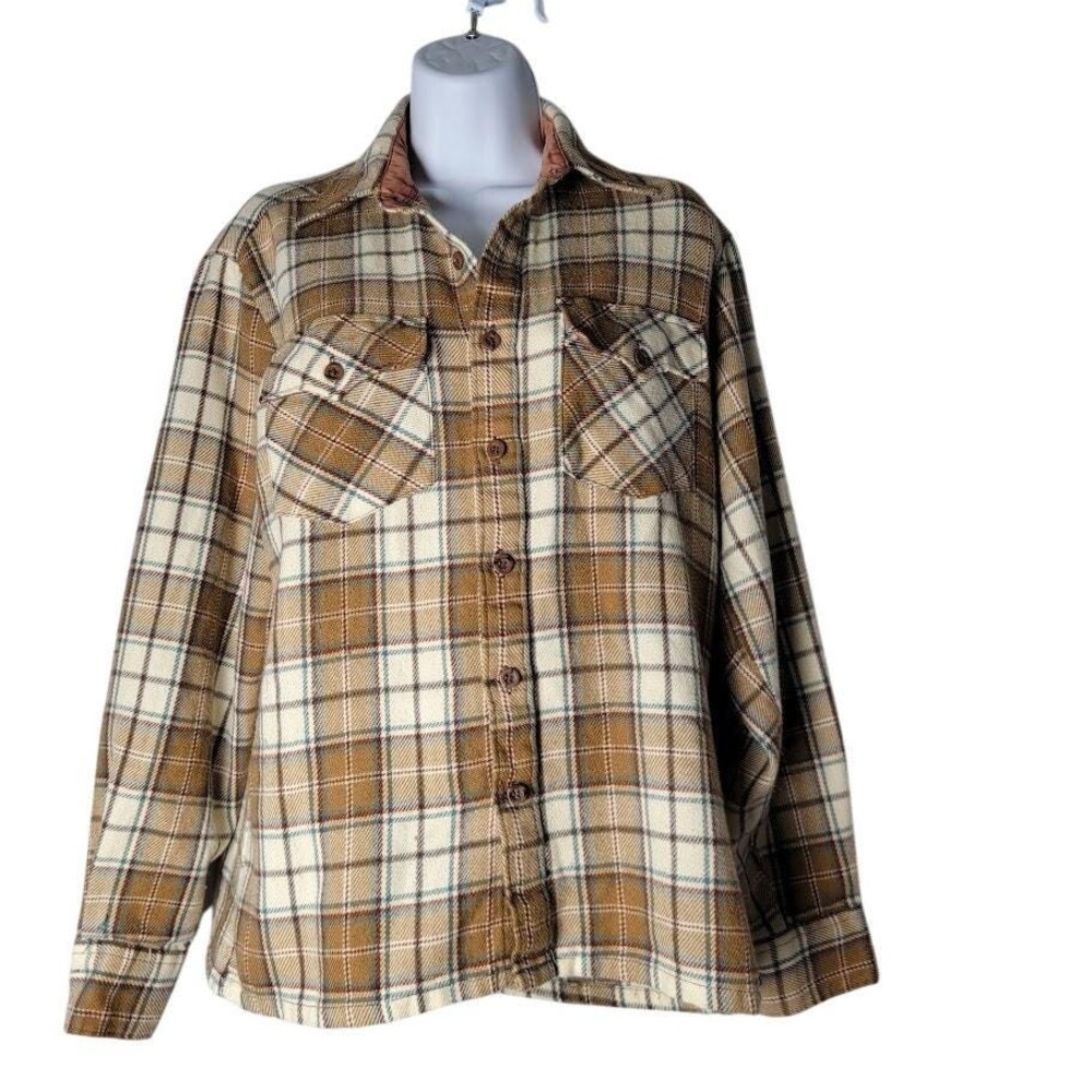Vintage Woodland Plaid Shirt M Lined Cream Tan Flannel‎ Korea 80s Shacket Jacket
